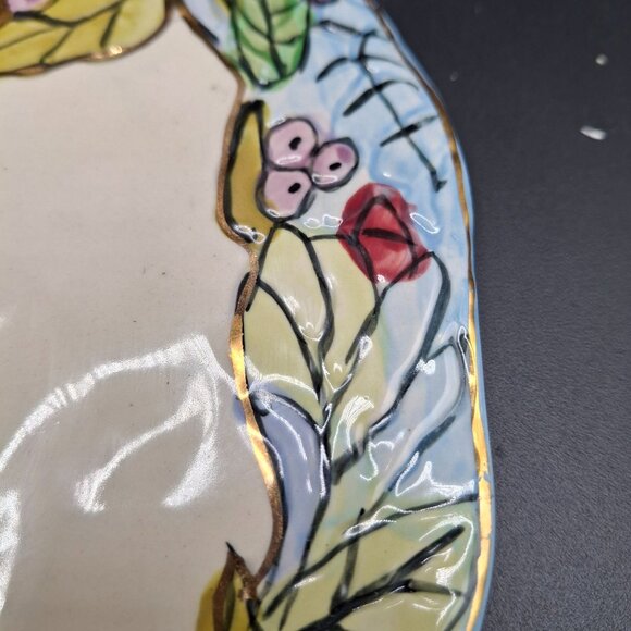 Hand-Painted Blue Sky Ceramic Tea Light Holder Plate Floral & Leaf Design 2003 - Picture 3 of 5